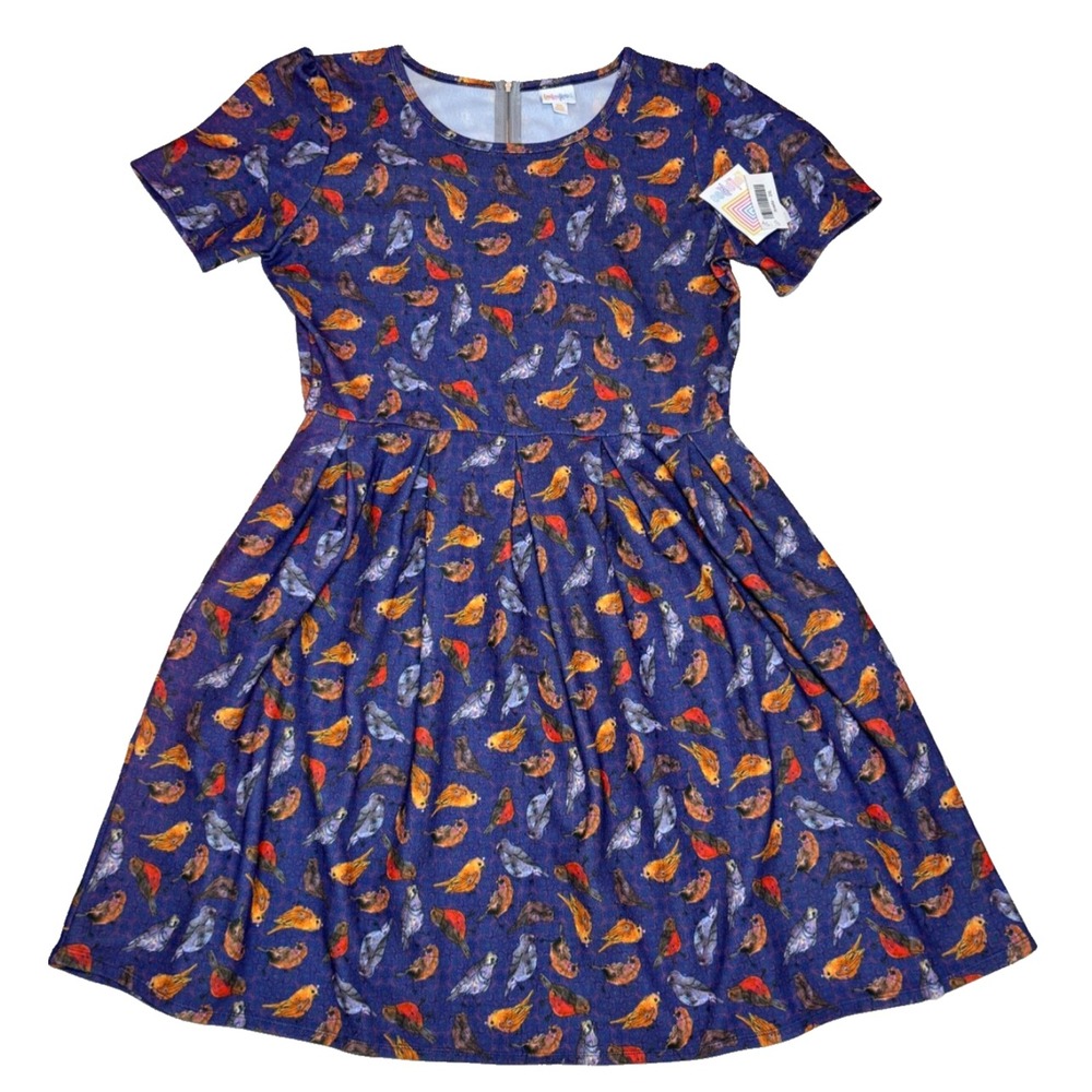 Women's Blue Bird-Print Short Sleeve Fit & Flare Dress